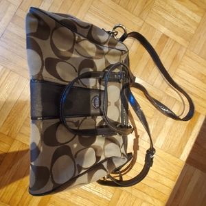 Brown and Tan Coach fabric logo bag